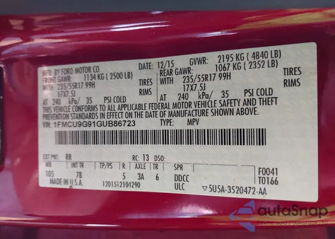 2016 Ford Escape Se из США, поврежденный, VIN 1FMCU9G91GUB86723